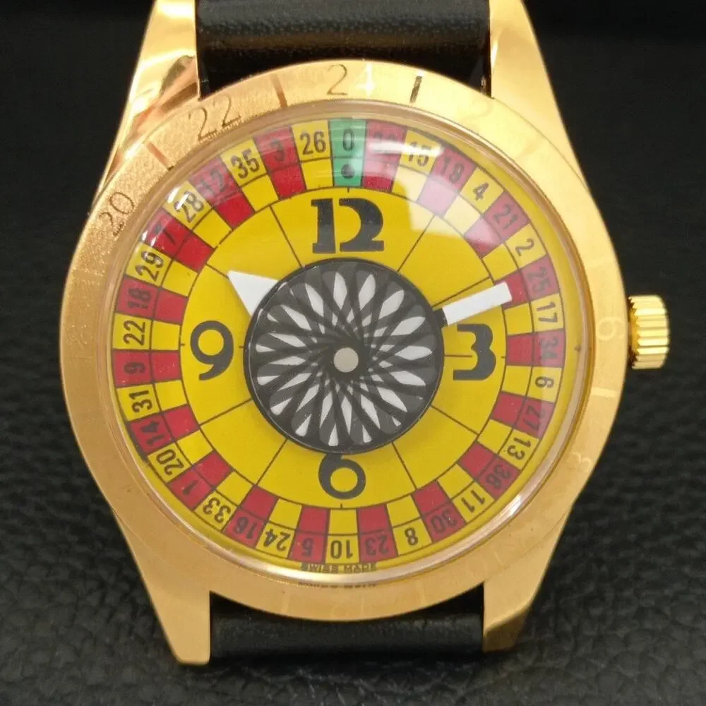 Vintage 1979 Roulette Manual Mens Gold Watch W/Leather Strap & Red/Yellow accent